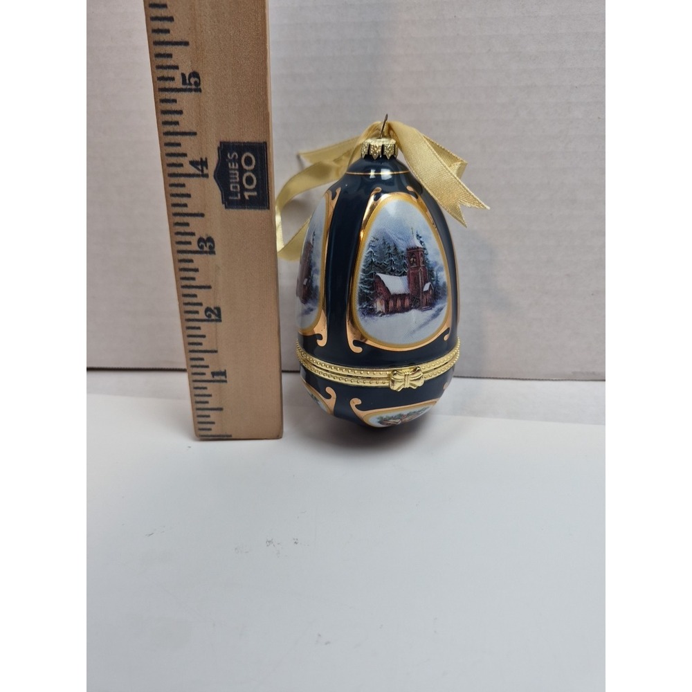Arden Porcelain Hinged Egg Ornament Cobalt Blue Winter Village Scene Trinket Box - Picture 8 of 10